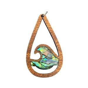 Artisan Wood Ocean Wave Teardrop Pendant Abalone Shell Inlay Boho Coastal Charm